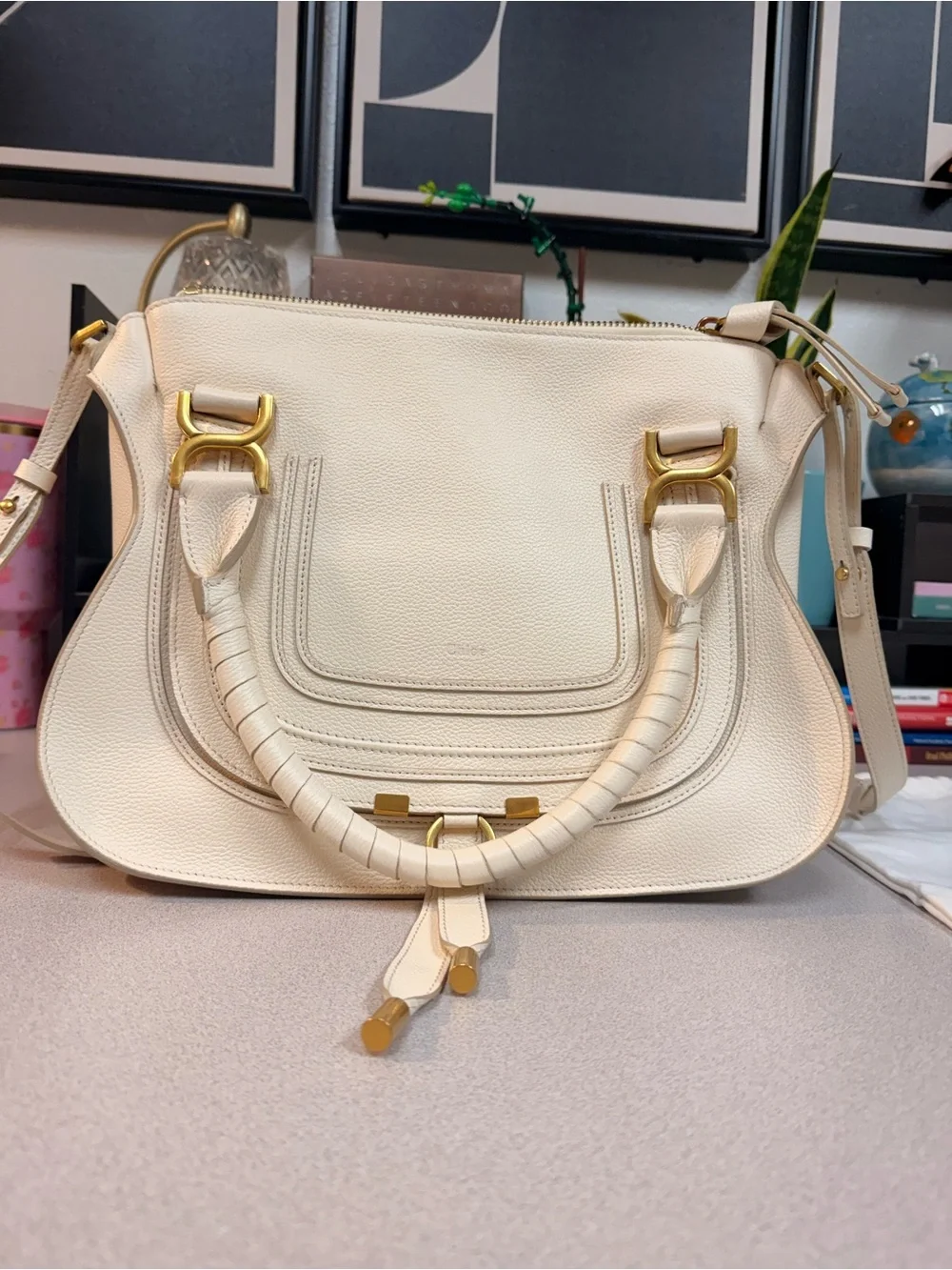 Chloé Medium Marcie Ivory Leather Satchel with Gold Hardware